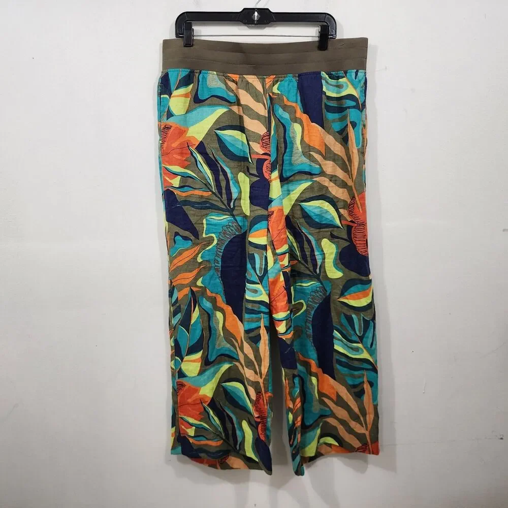 Soft Surroundings Aliso Point Tropical Linen Pants Hawaiian Green Wide Leg Sz L